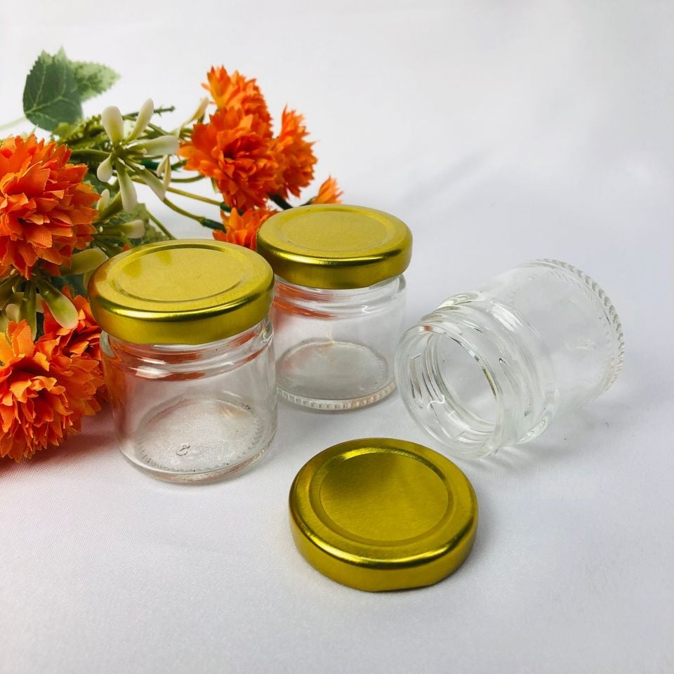 CAM KAVANOZ BOŞ GOLD YUVARLAK METAL KAPAKLI 40cc #enuygun