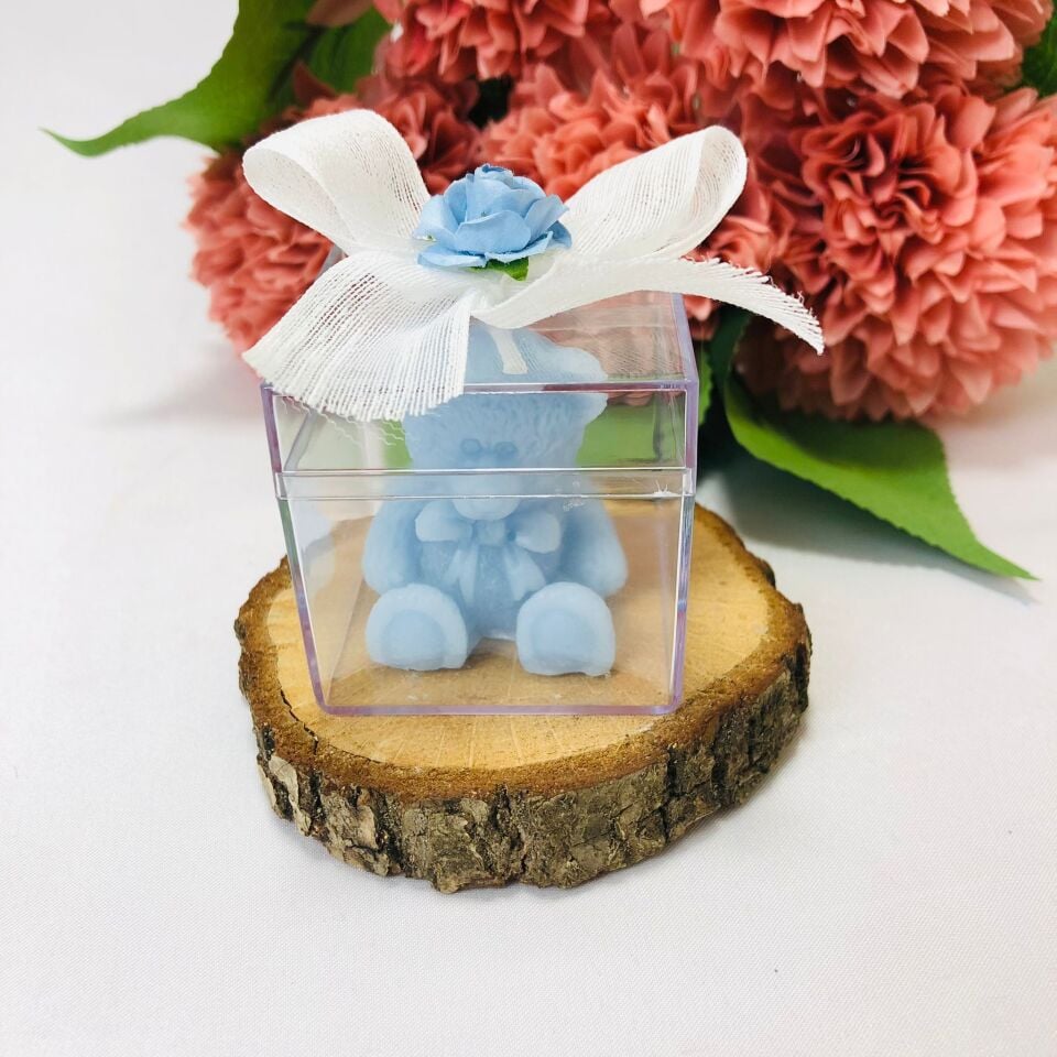 MİKA KUTULU MAVİ AYICIK MUM SÜSLENMİŞ