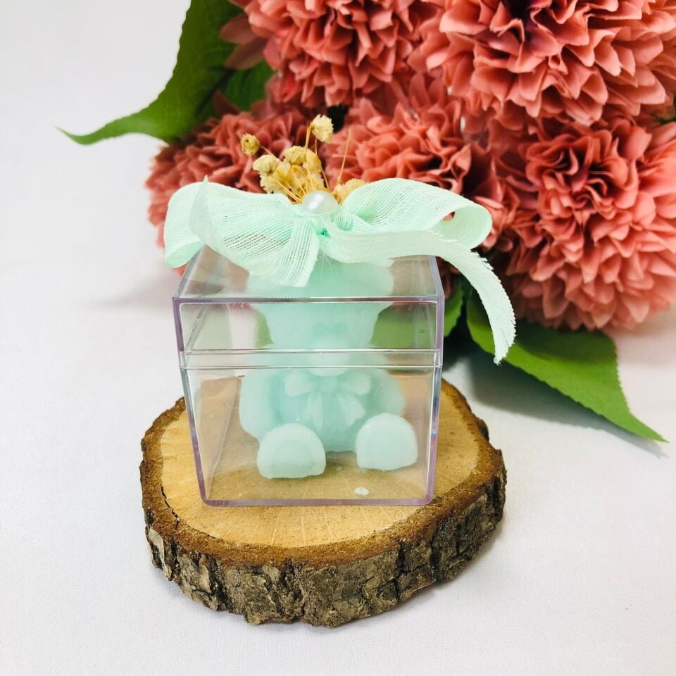 MİKA KUTULU SU YEŞİLİ AYICIK MUM SÜSLENMİŞ