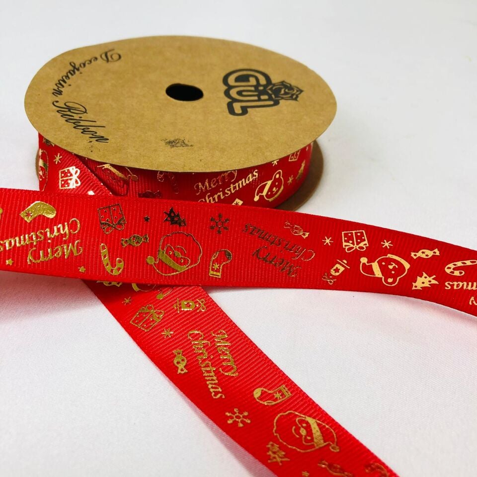 MERRY CHRISTMAS GOLD YALDIZLI KIRMIZI KURDELE 10 Metre
