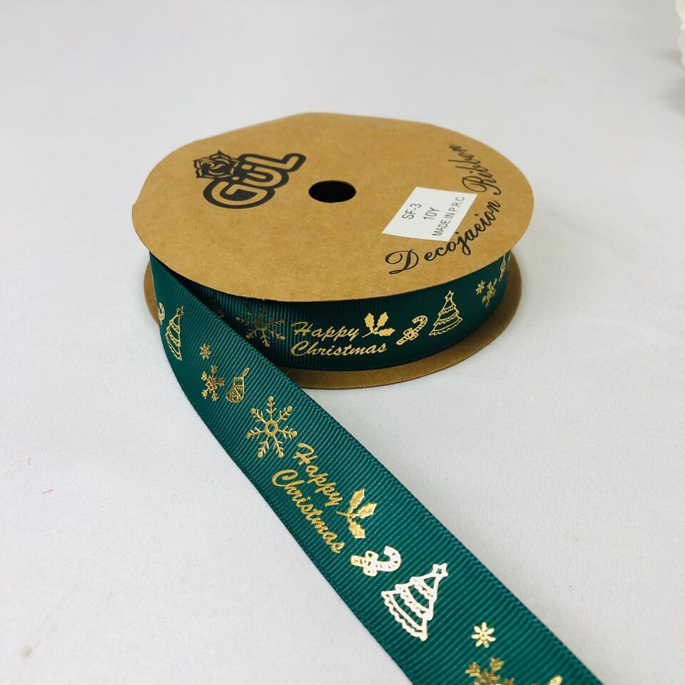HAPPY CHRISTMAS GOLD YALDIZLI YEŞİL KURDELE 10 Metre