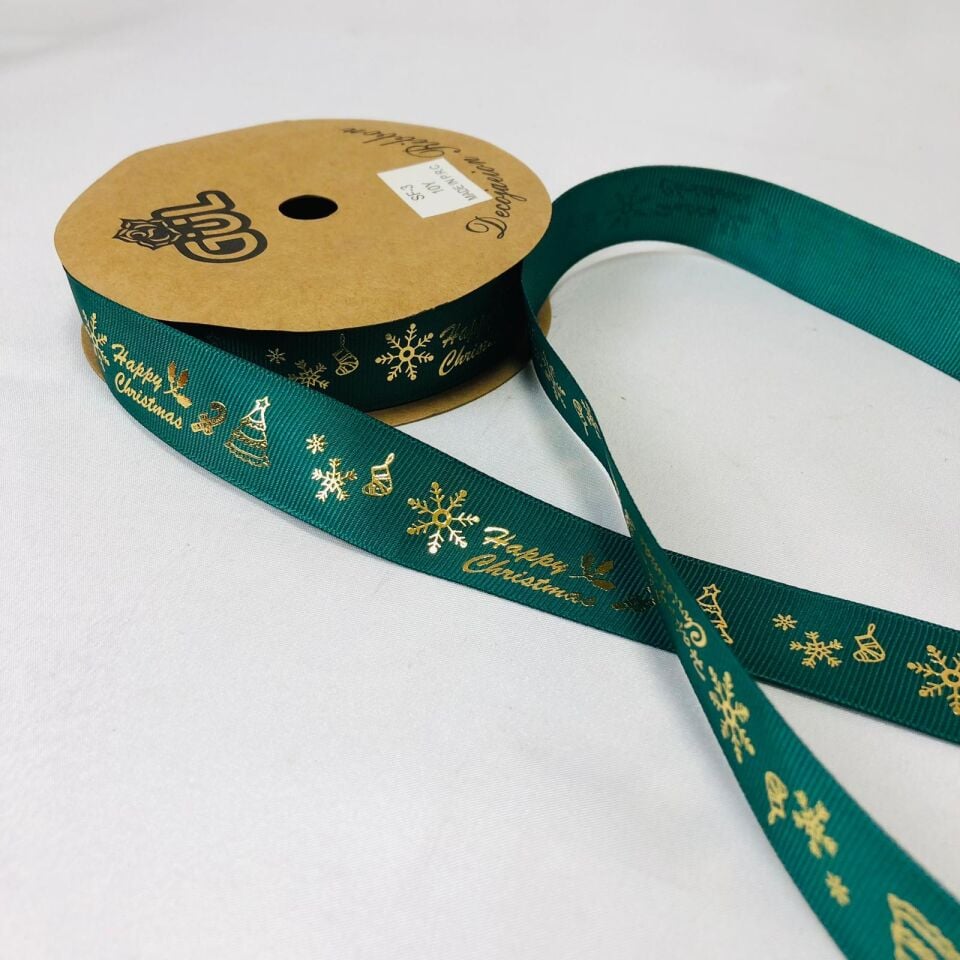 HAPPY CHRISTMAS GOLD YALDIZLI YEŞİL KURDELE 10 Metre