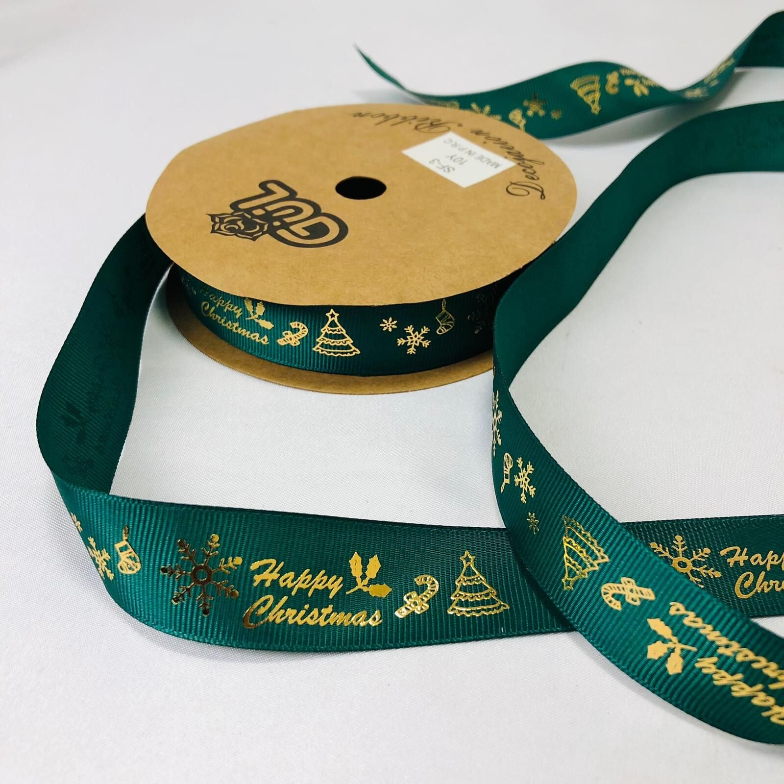 HAPPY CHRISTMAS GOLD YALDIZLI YEŞİL KURDELE 10 Metre