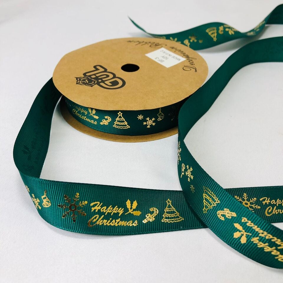 HAPPY CHRISTMAS GOLD YALDIZLI YEŞİL KURDELE 10 Metre