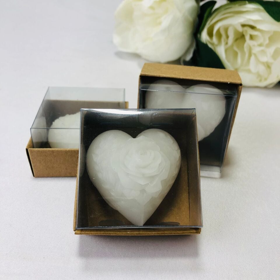 ORTASI GÜL DETAYLI KALP MUM ALT KRAFT ASETAT KUTULU 5cm