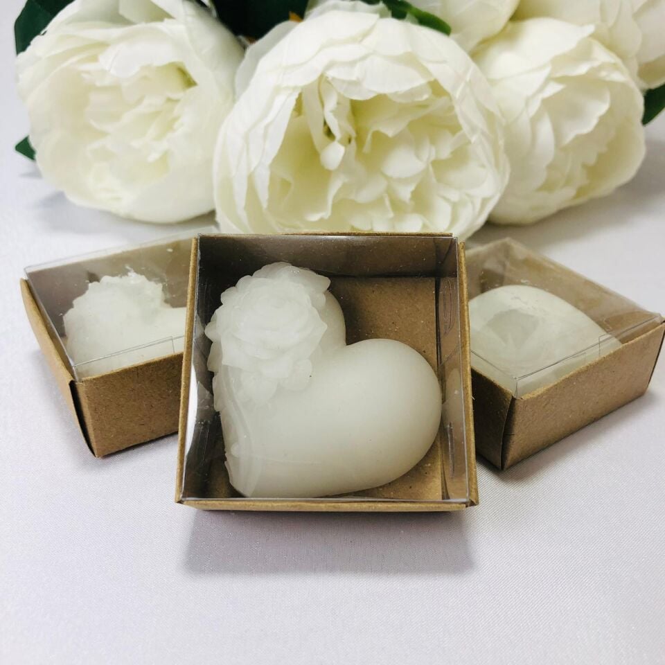 KENAR GÜL DETAYLI KALP MUM ALT KRAFT ASETAT KUTULU 5cm