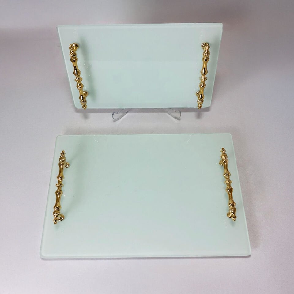 White Glass Tray Rectangular French Handle