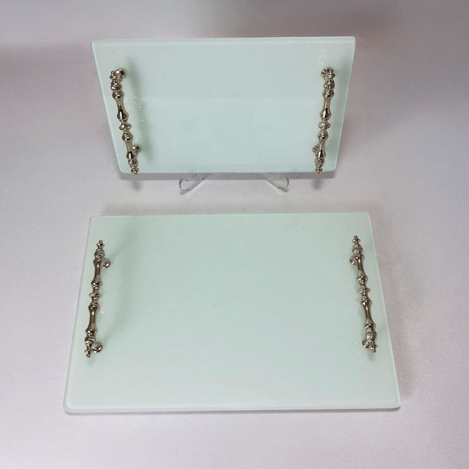 White Glass Tray Rectangular French Handle