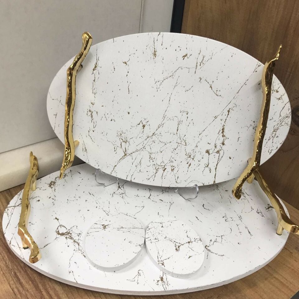 EPOKSİ KARIŞIM BEYAZ TEPSİ 2'Lİ LÜKS DAMARLI OVAL