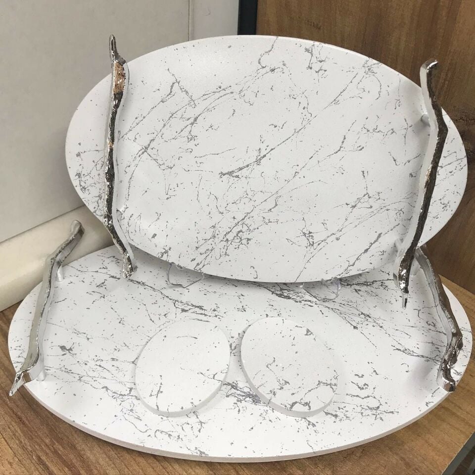 EPOKSİ KARIŞIM BEYAZ TEPSİ 2'Lİ LÜKS DAMARLI OVAL