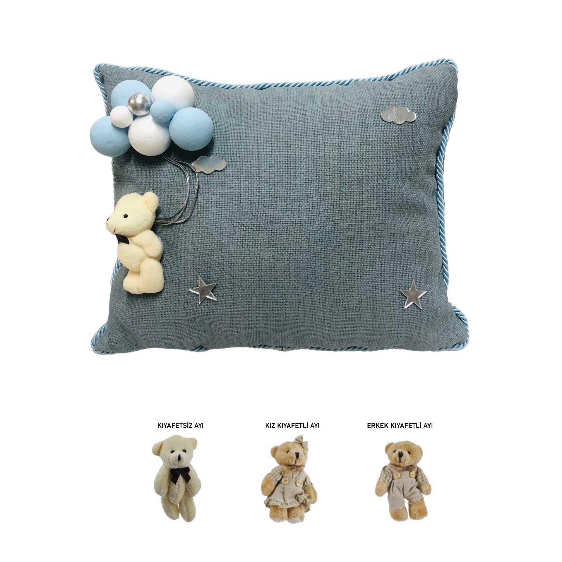 YASTIK AYICIKLI BEBEK TAKI YASTIĞI GRİ RENK MAVİ KENARLI