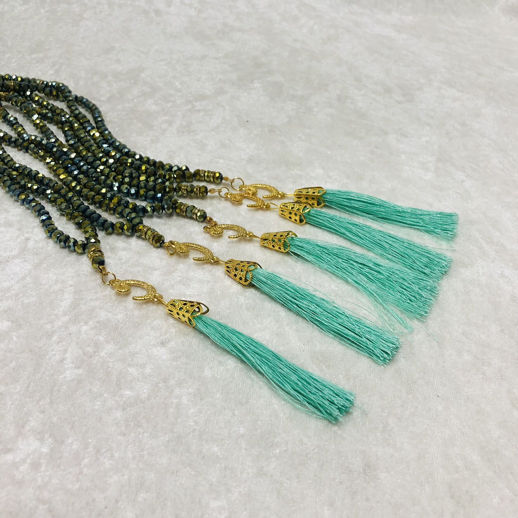 KRİSTAL TESBİH TURKUAZ PÜSKÜL JANJANLI 10'LU 6mm