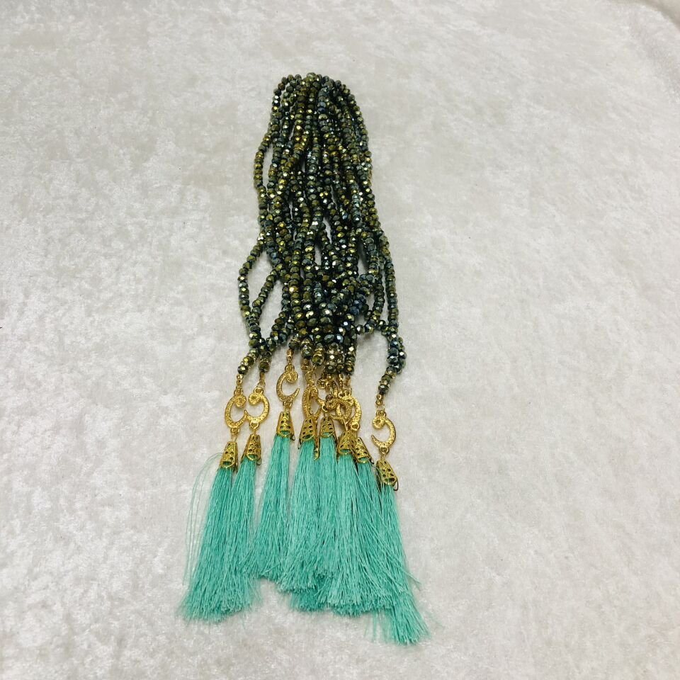 KRİSTAL TESBİH TURKUAZ PÜSKÜL JANJANLI 10'LU 6mm