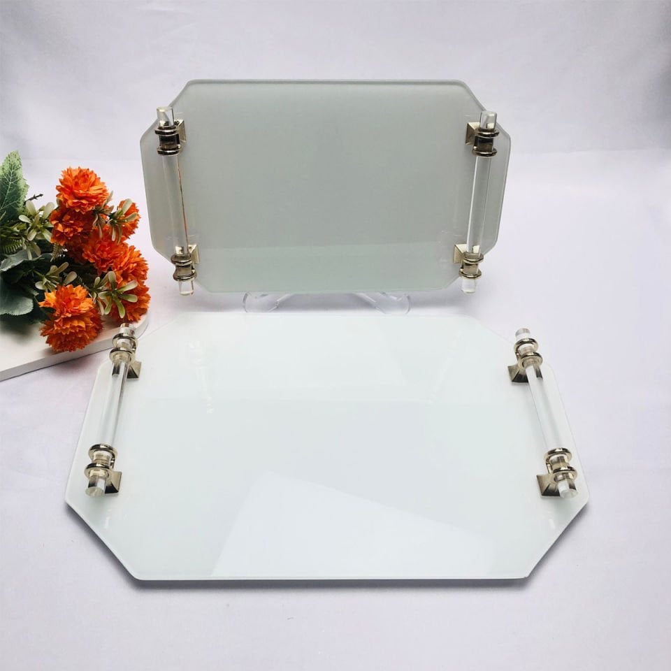 BEYAZ CAM TEPSİ ALTIGEN 2'Lİ CAM KULPLU