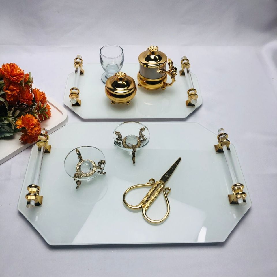 BEYAZ CAM TEPSİ ALTIGEN 2'Lİ CAM KULPLU