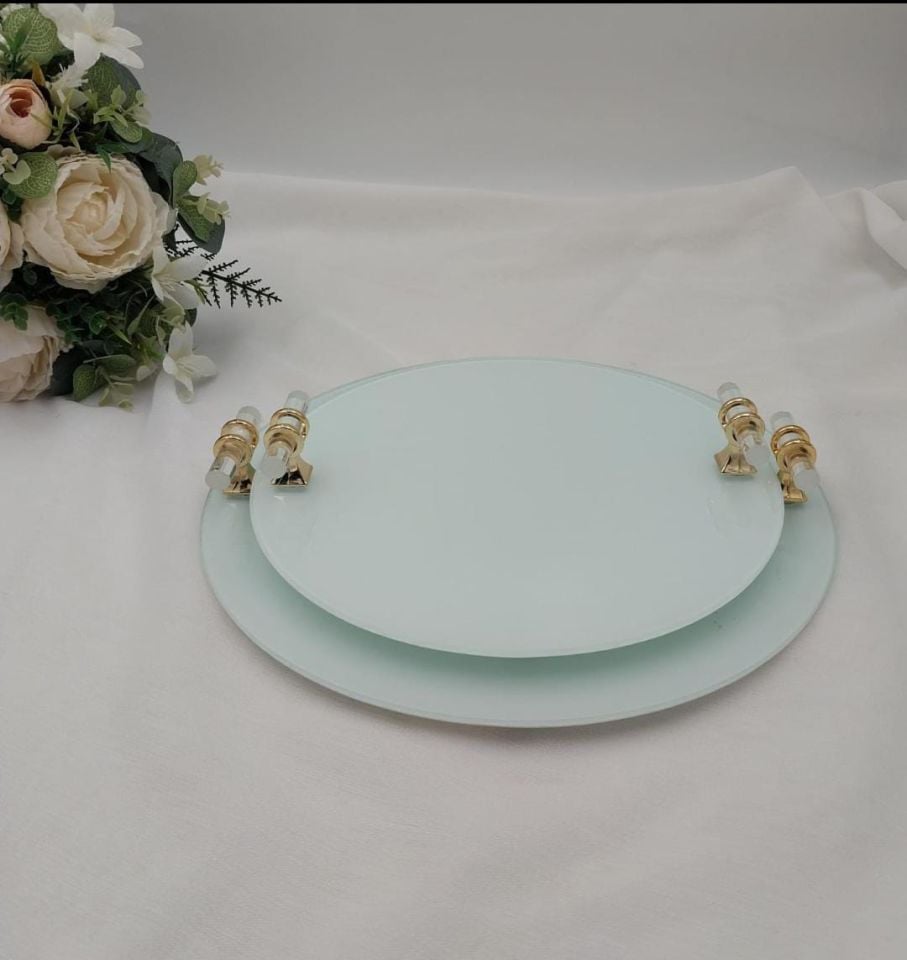 BEYAZ CAM TEPSİ YUVARLAK CAM KULPLU