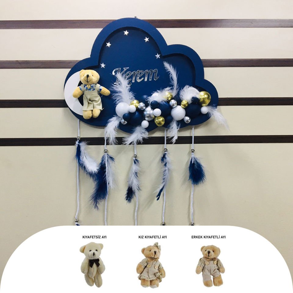 LACİVERT AHŞAP BULUT KESİM KAPI SÜSÜ AYICIKLI LEDLİ