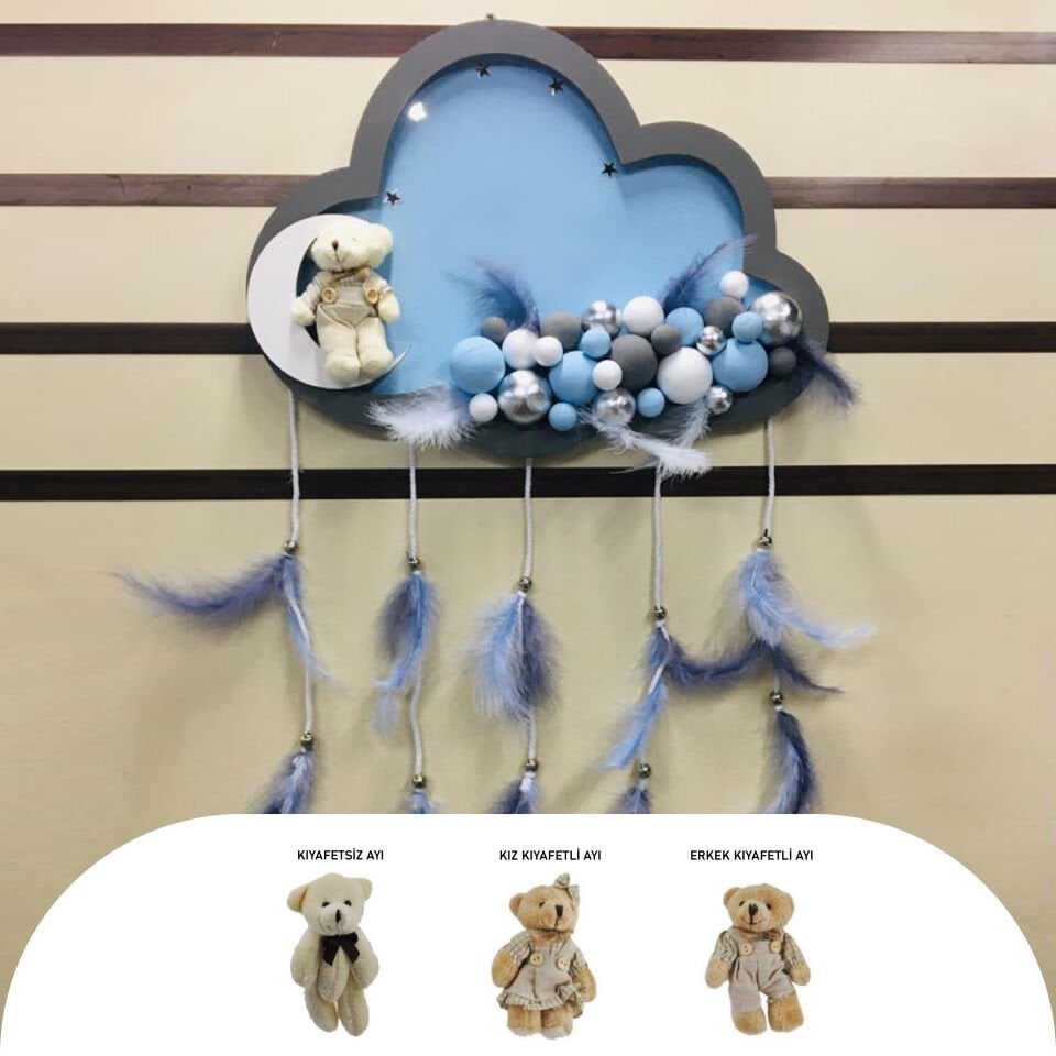 MAVİ-GRİ AHŞAP BULUT KESİM KAPI SÜSÜ AYICIKLI LEDLİ