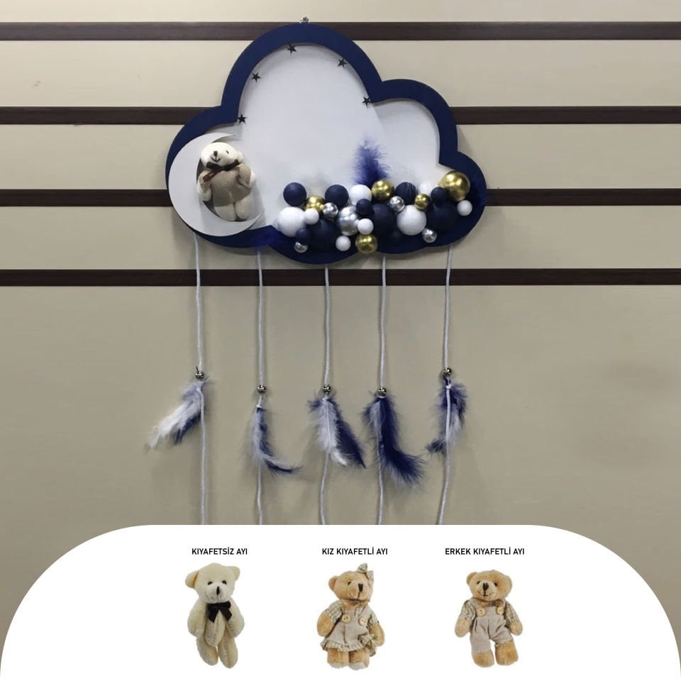 LACİVERT-BEYAZ AHŞAP BULUT KESİM KAPI SÜSÜ AYICIKLI LEDLİ