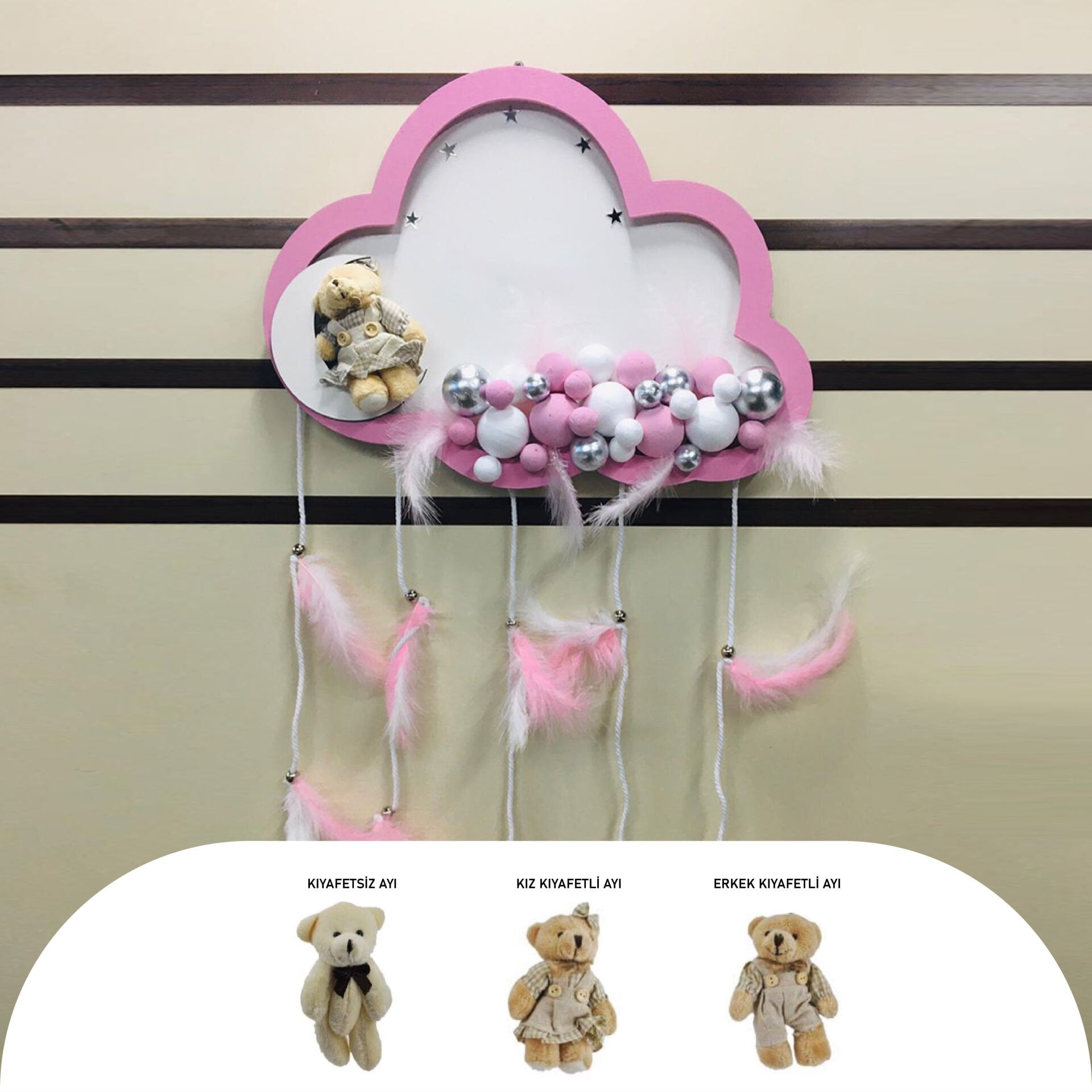 PEMBE-BEYAZ AHŞAP BULUT KESİM KAPI SÜSÜ AYICIKLI LEDLİ