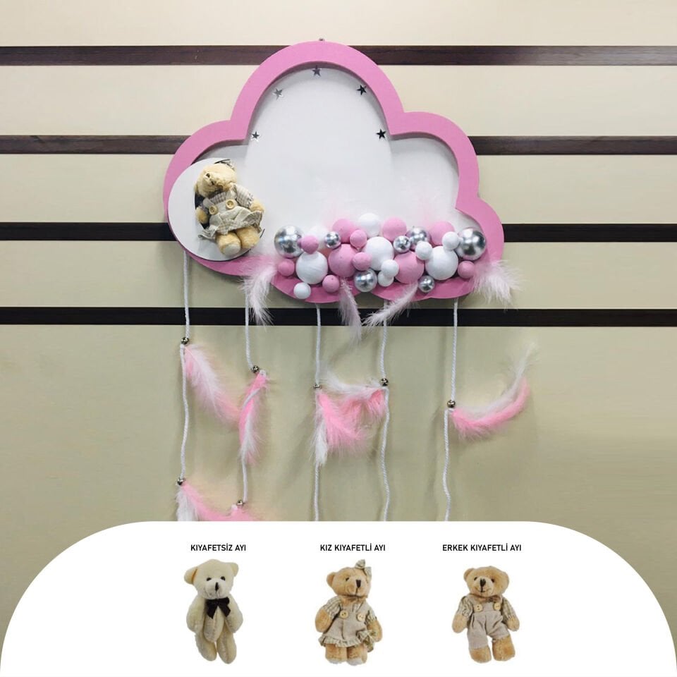 PEMBE-BEYAZ AHŞAP BULUT KESİM KAPI SÜSÜ AYICIKLI LEDLİ