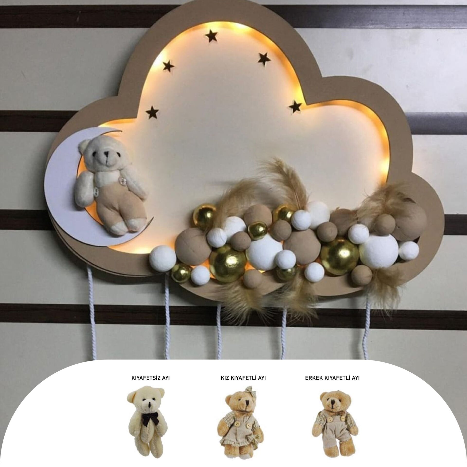 KAHVERENGİ AHŞAP BULUT KESİM KAPI SÜSÜ AYICIKLI LEDLİ