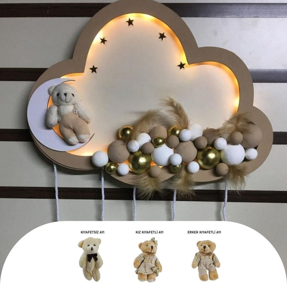 KAHVERENGİ AHŞAP BULUT KESİM KAPI SÜSÜ AYICIKLI LEDLİ