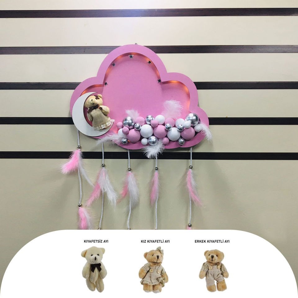 PEMBE AHŞAP BULUT KESİM KAPI SÜSÜ AYICIKLI LEDLİ