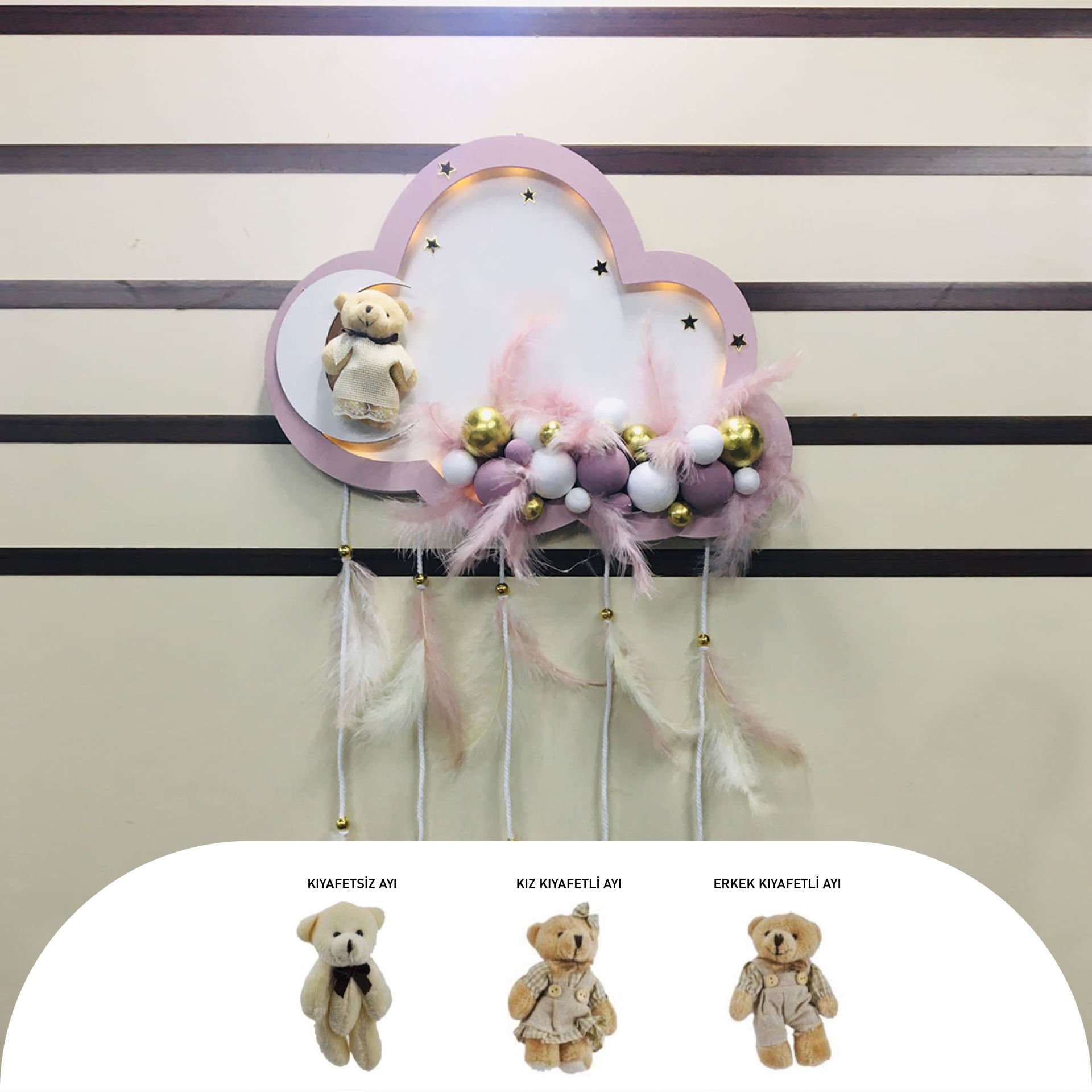 TOZ PEMBE-BEYAZ AHŞAP BULUT KESİM KAPI SÜSÜ AYICIKLI LEDLİ