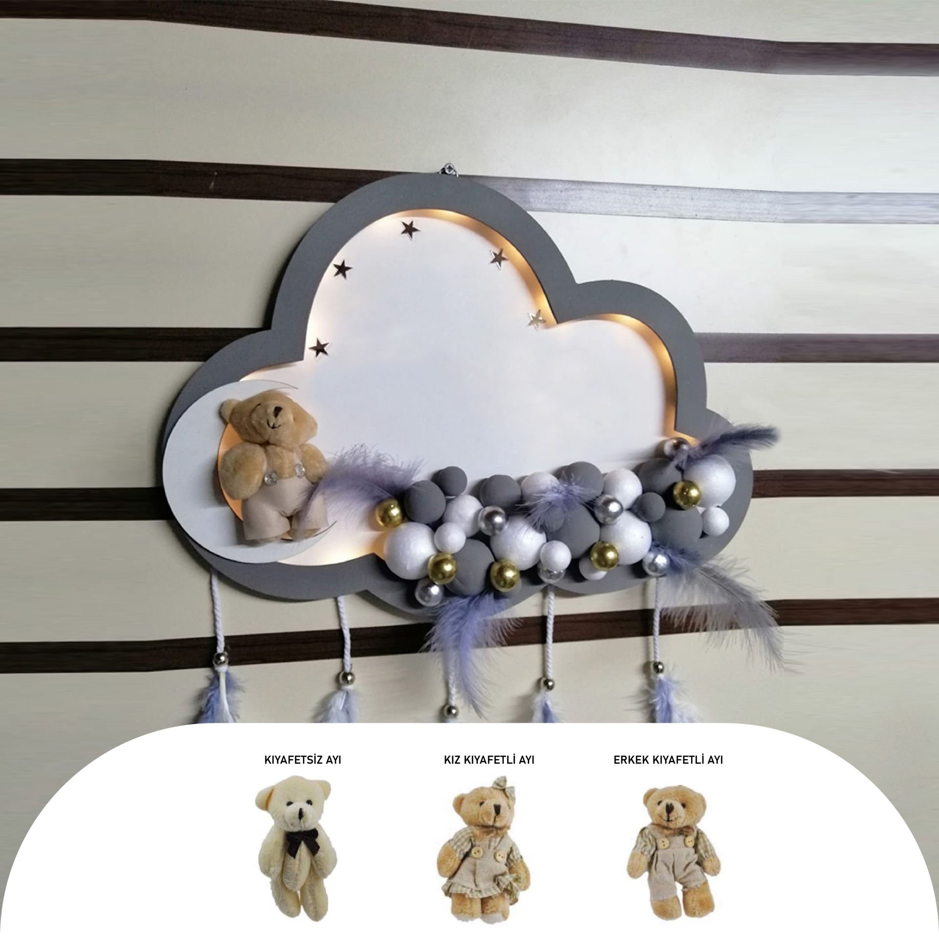 GRİ-BEYAZ AHŞAP BULUT KESİM KAPI SÜSÜ AYICIKLI LEDLİ