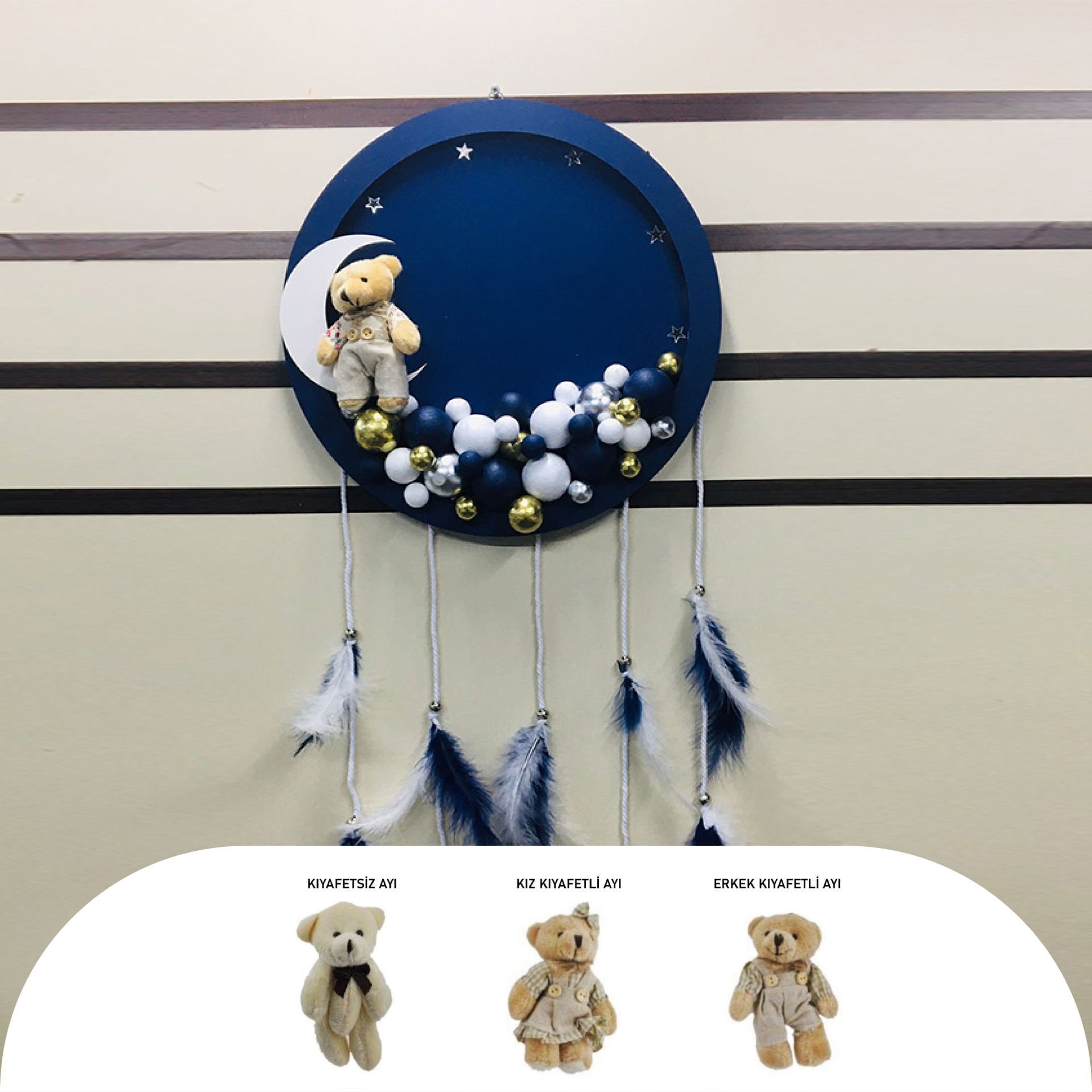 LACİVERT AHŞAP YUVARLAK KESİM KESİM KAPI SÜSÜ AYICIKLI LEDLİ