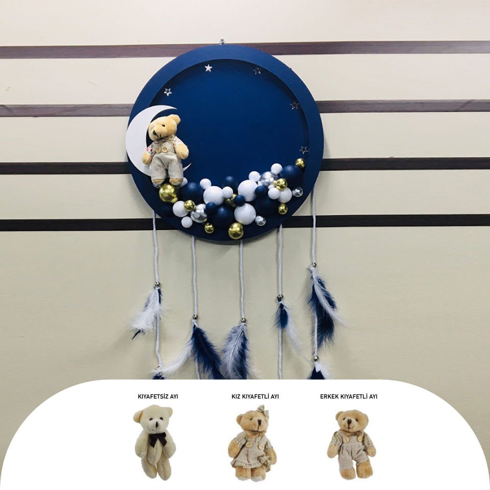 LACİVERT AHŞAP YUVARLAK KESİM KESİM KAPI SÜSÜ AYICIKLI LEDLİ