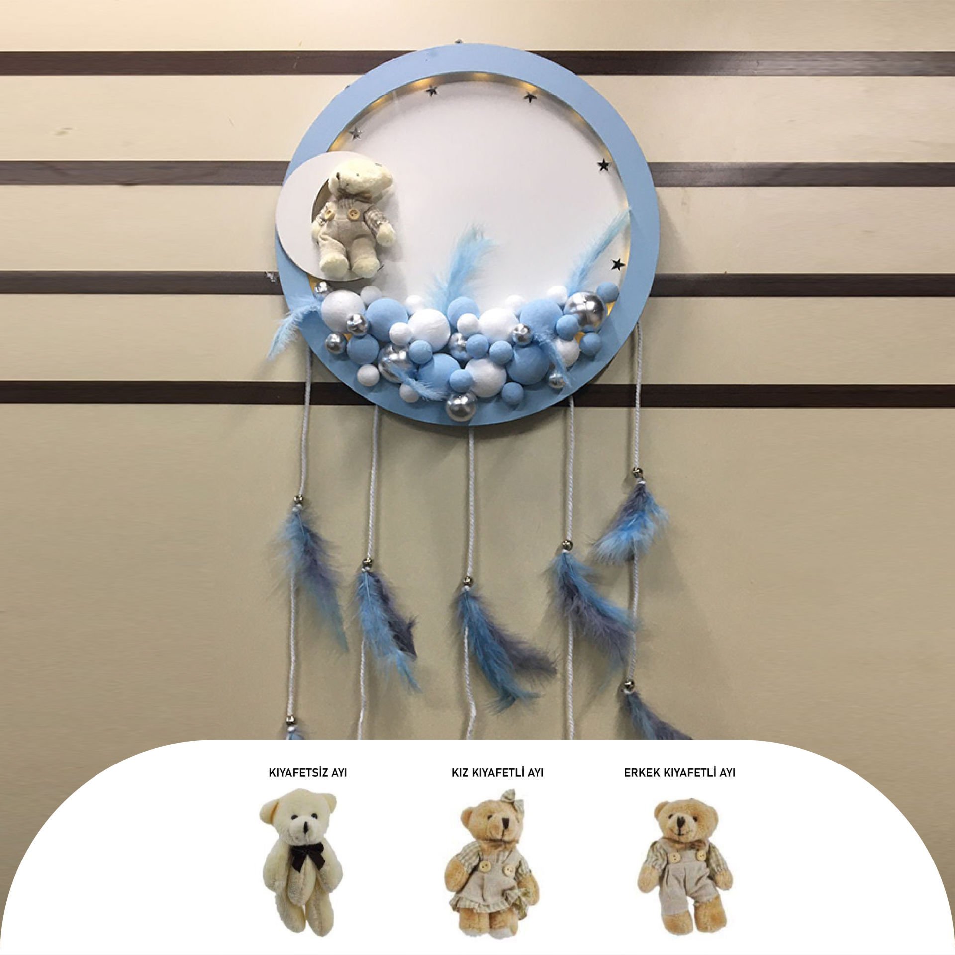 MAVİ-BEYAZ AHŞAP YUVARLAK KESİM KESİM KAPI SÜSÜ AYICIKLI LEDLİ