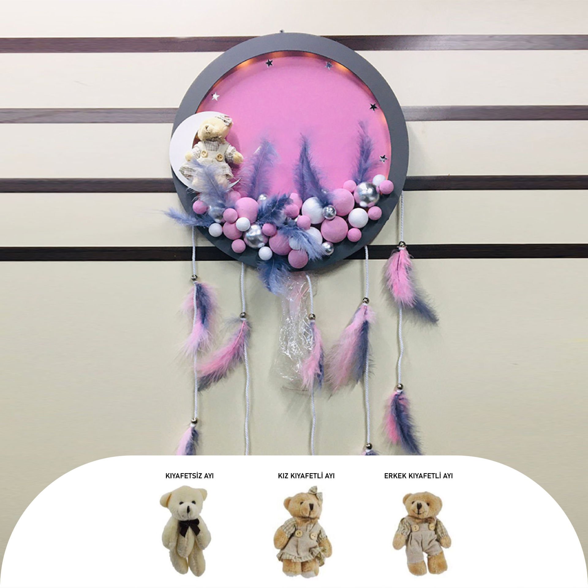 PEMBE AHŞAP YUVARLAK KESİM KESİM KAPI SÜSÜ AYICIKLI LEDLİ