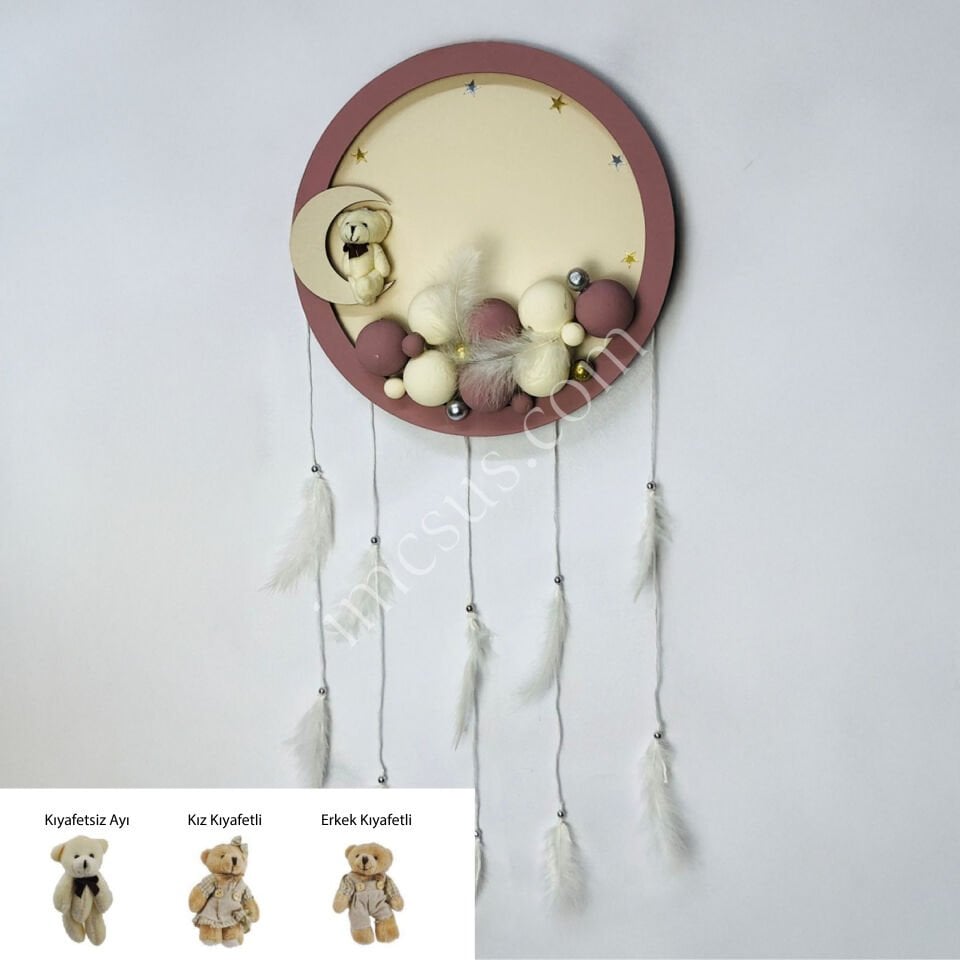 TOZ PEMBE-BEYAZ AHŞAP YUVARLAK KESİM KESİM KAPI SÜSÜ AYICIKLI LEDLİ