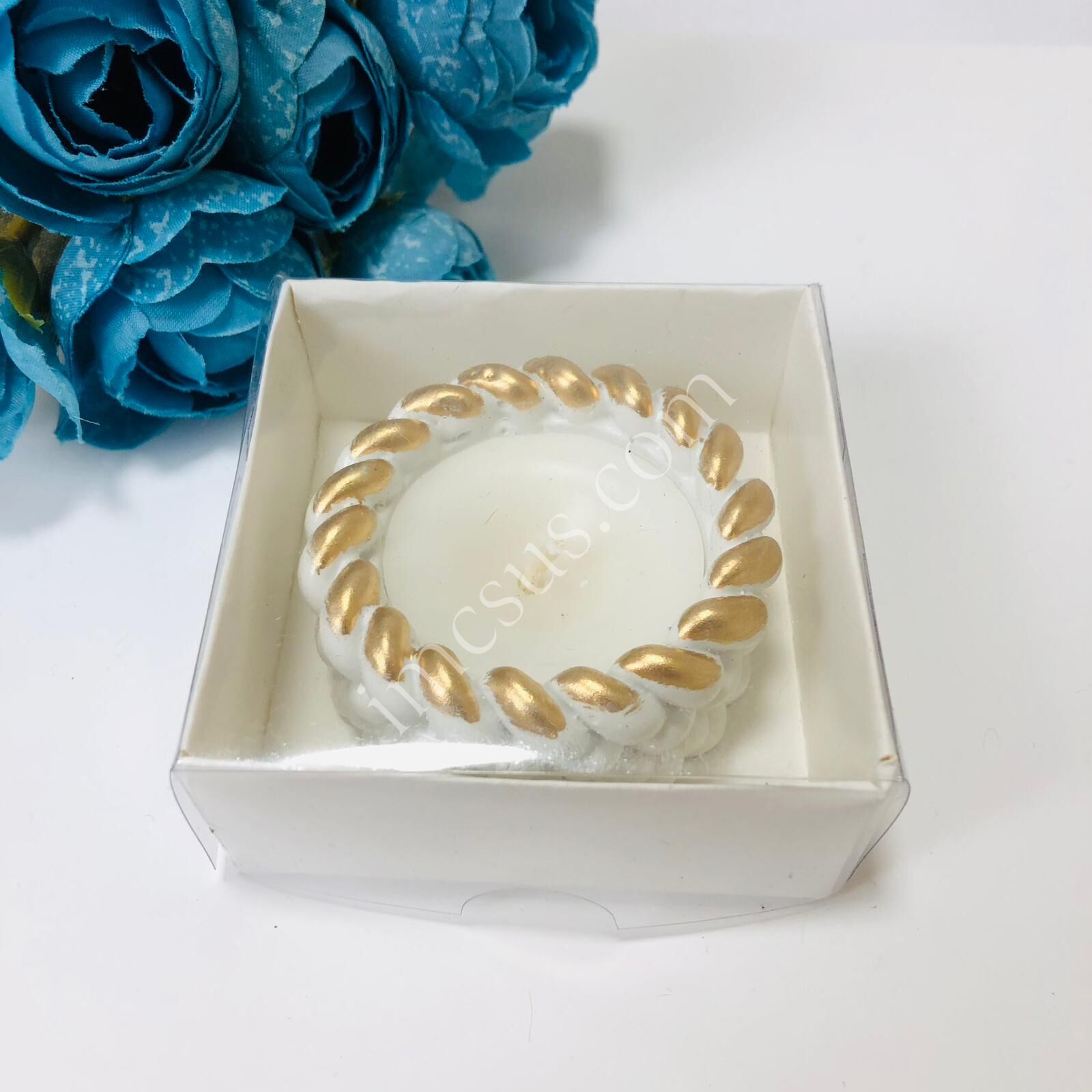 GOLD VARAKLI POLYESTER ÖRGÜ MUMLUK MUM BEYAZ ASETAT KUTULU #zarafetserisi