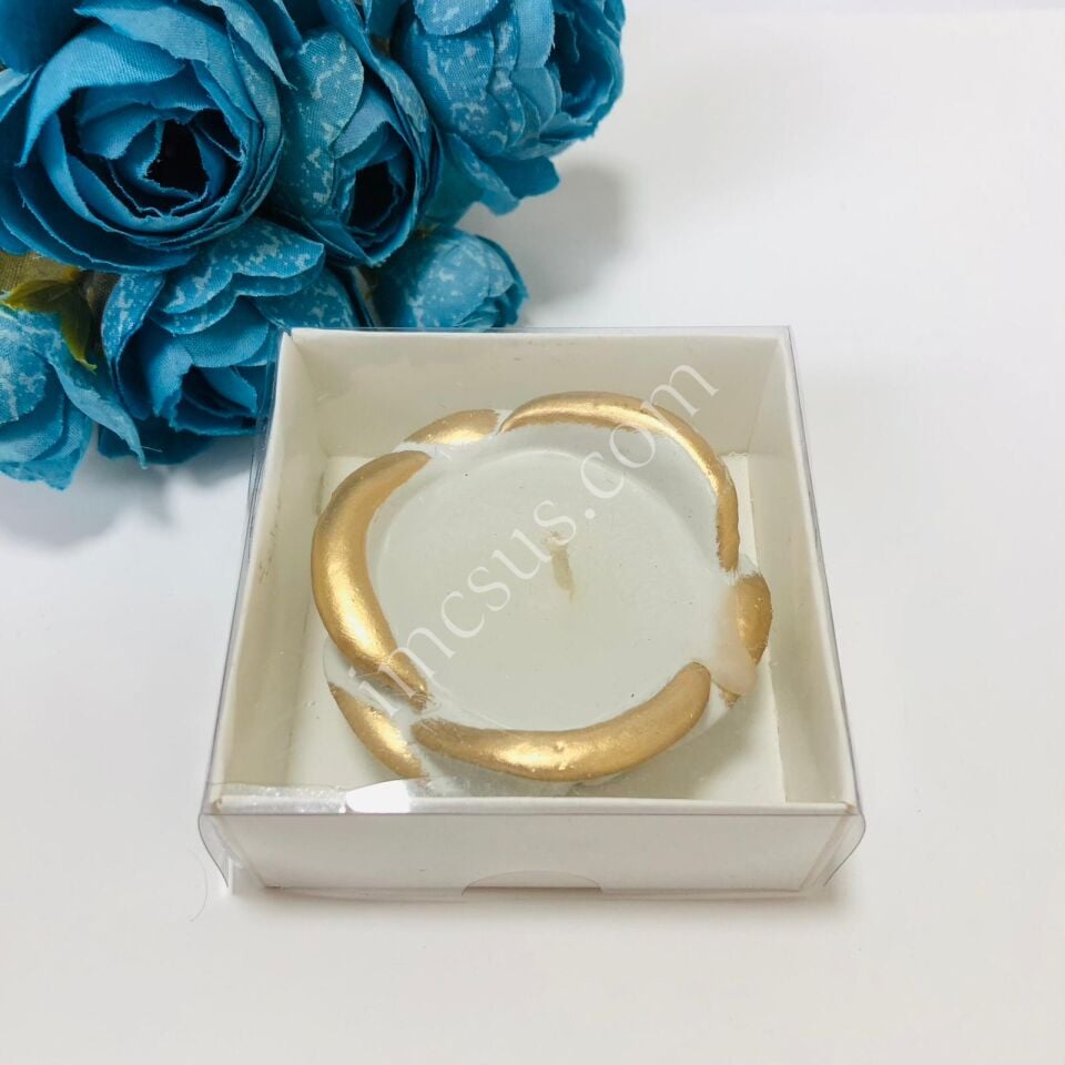 GOLD VARAKLI POLYESTER GÜL MUMLUK MUM BEYAZ ASETAT KUTULU #zarafetserisi