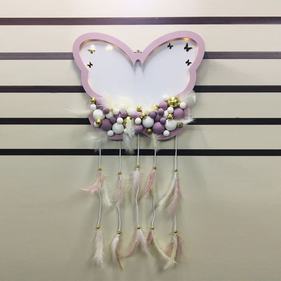 TOZ PEMBE-BEYAZ AHŞAP KELEBEK KESİM KESİM KAPI SÜSÜ