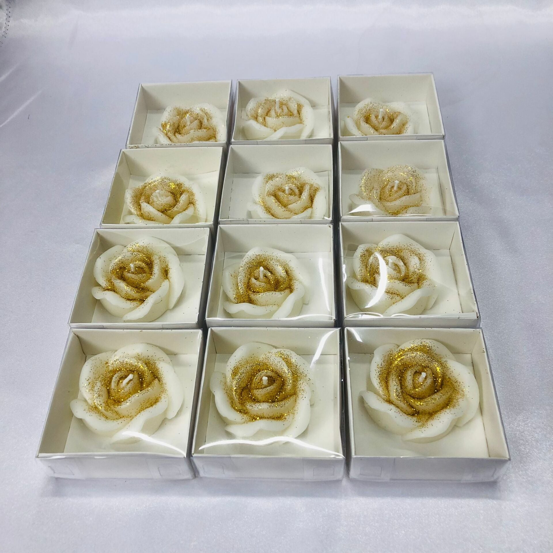ASETAT KUTULU GOLD SİMLİ GÜL MUM 12'Lİ 1 Paket(12 Adet)